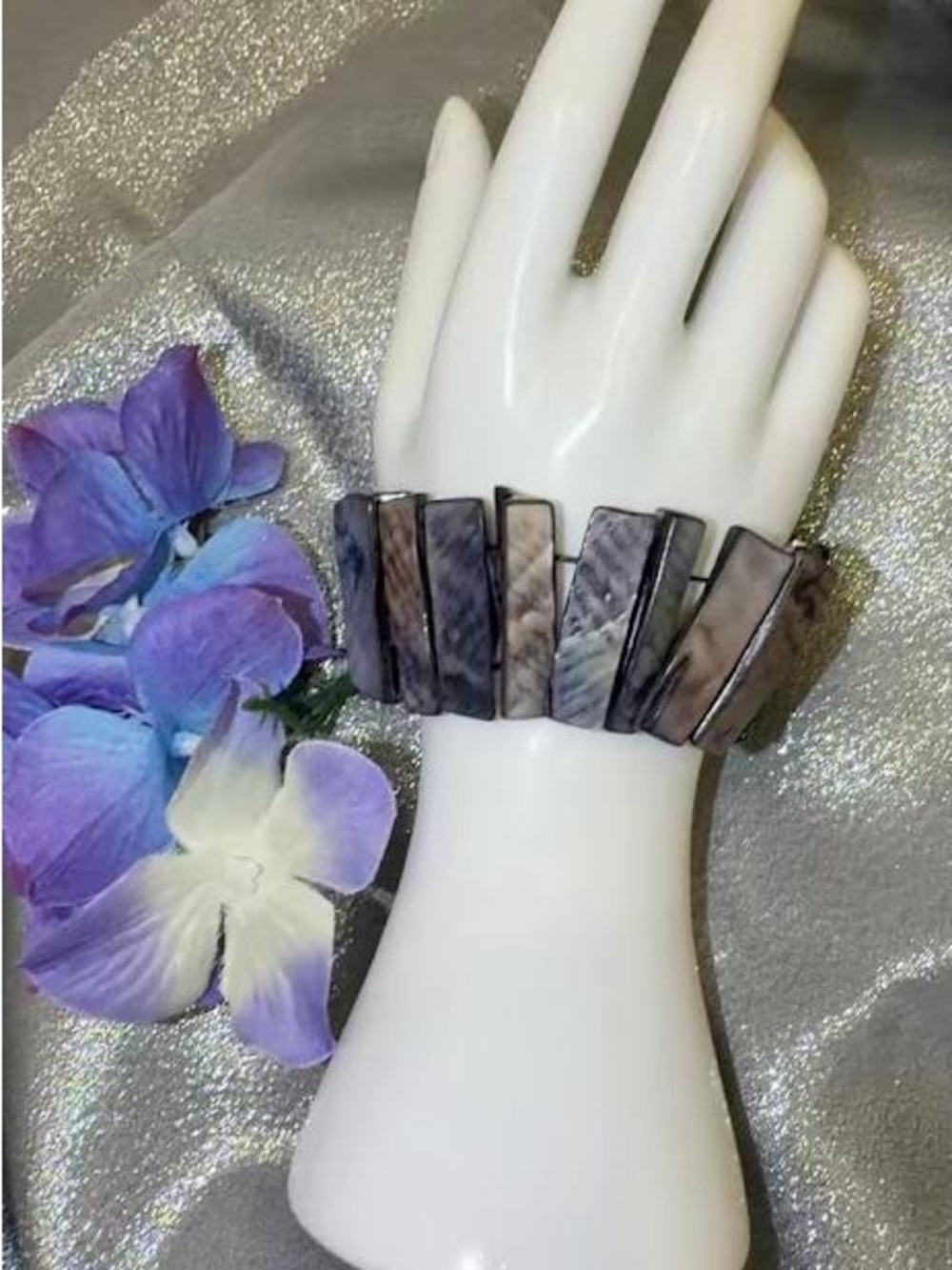 Vintage Iridescent Multi-Color Stretchy Tile Cuff Bracelet